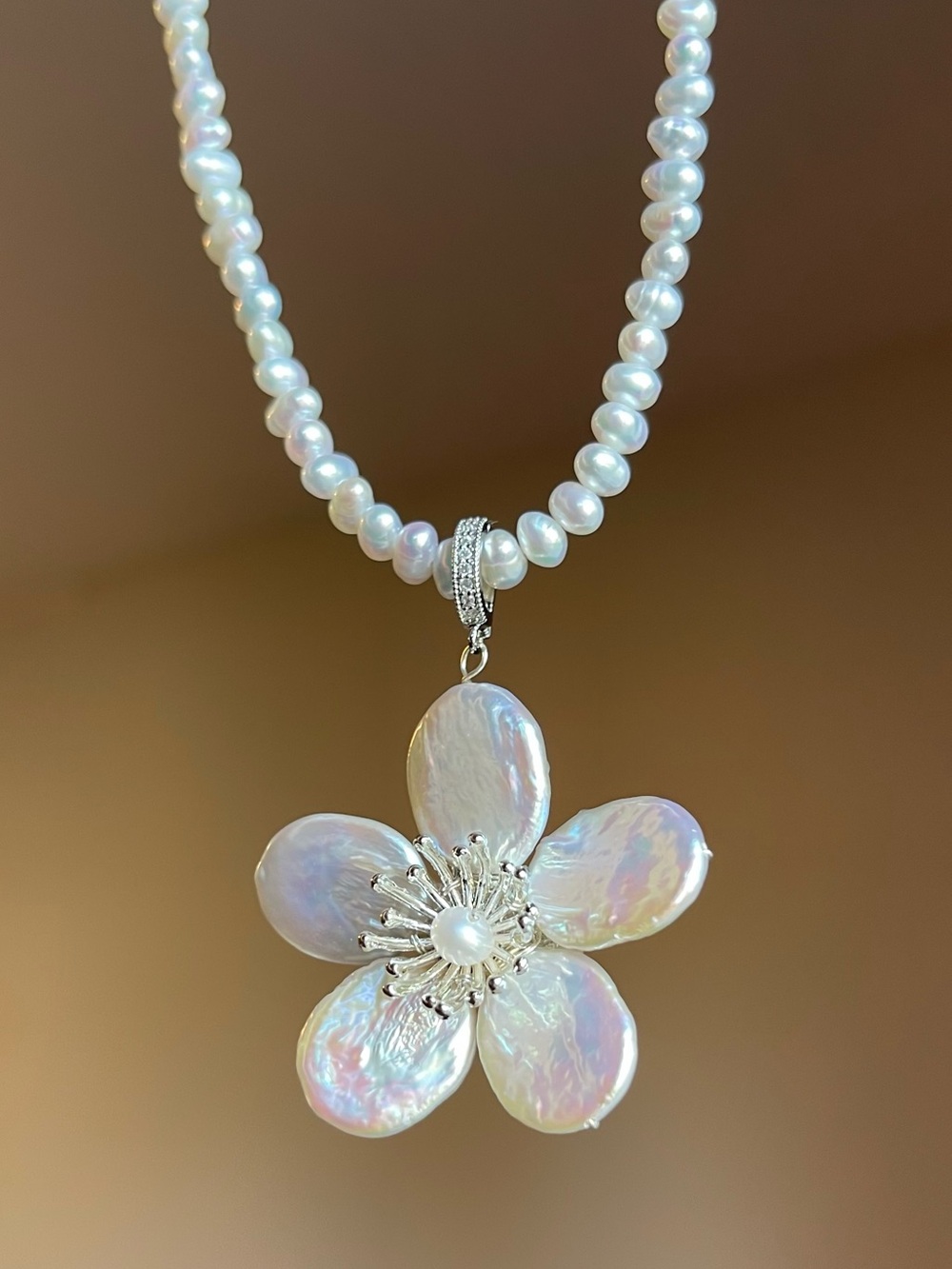 Iridescent White Baroque Pearl Flower Necklace - Signature Pearl Strand